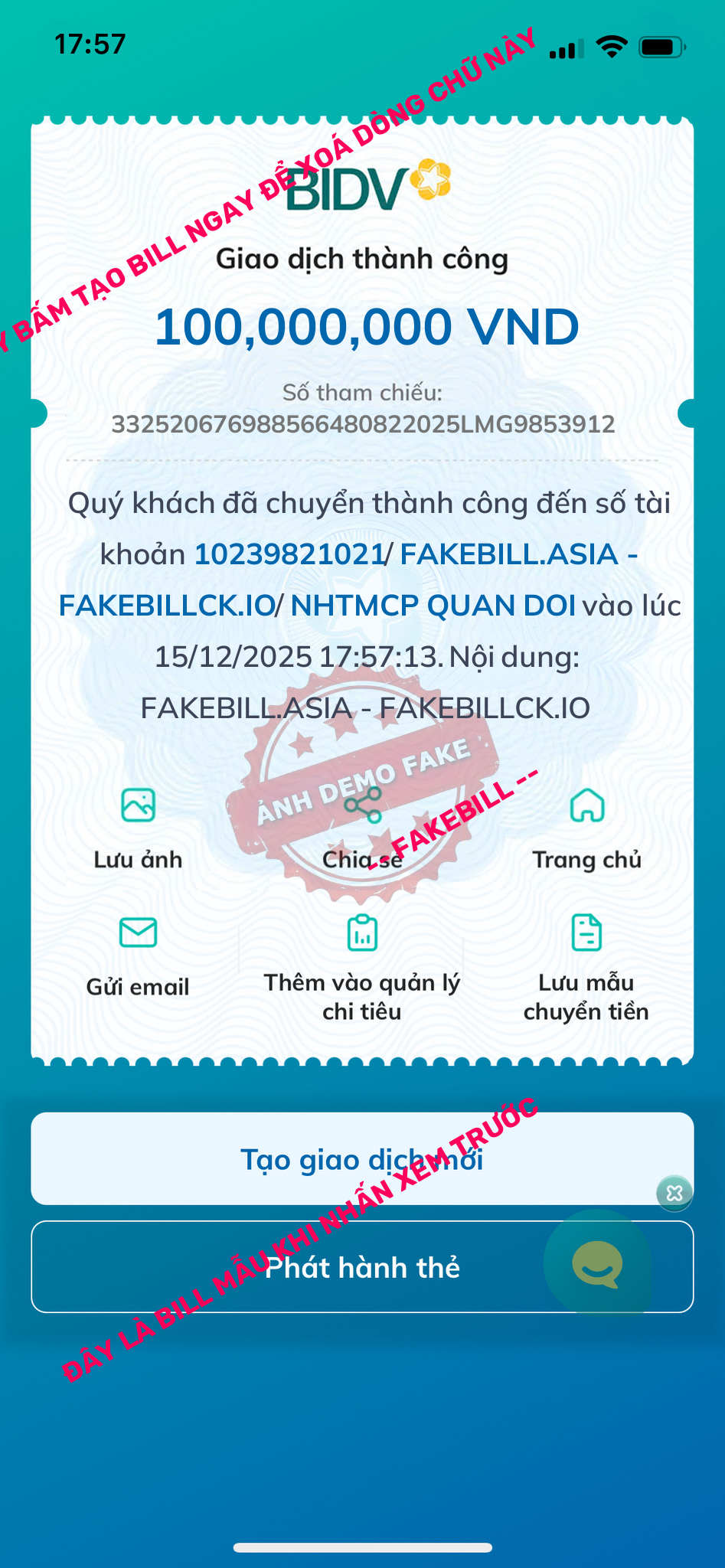 Fake bill BIDV giả