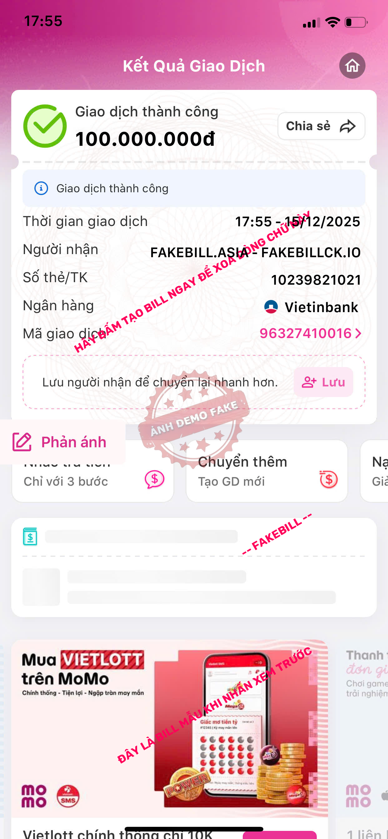 Fake bill Momo giả