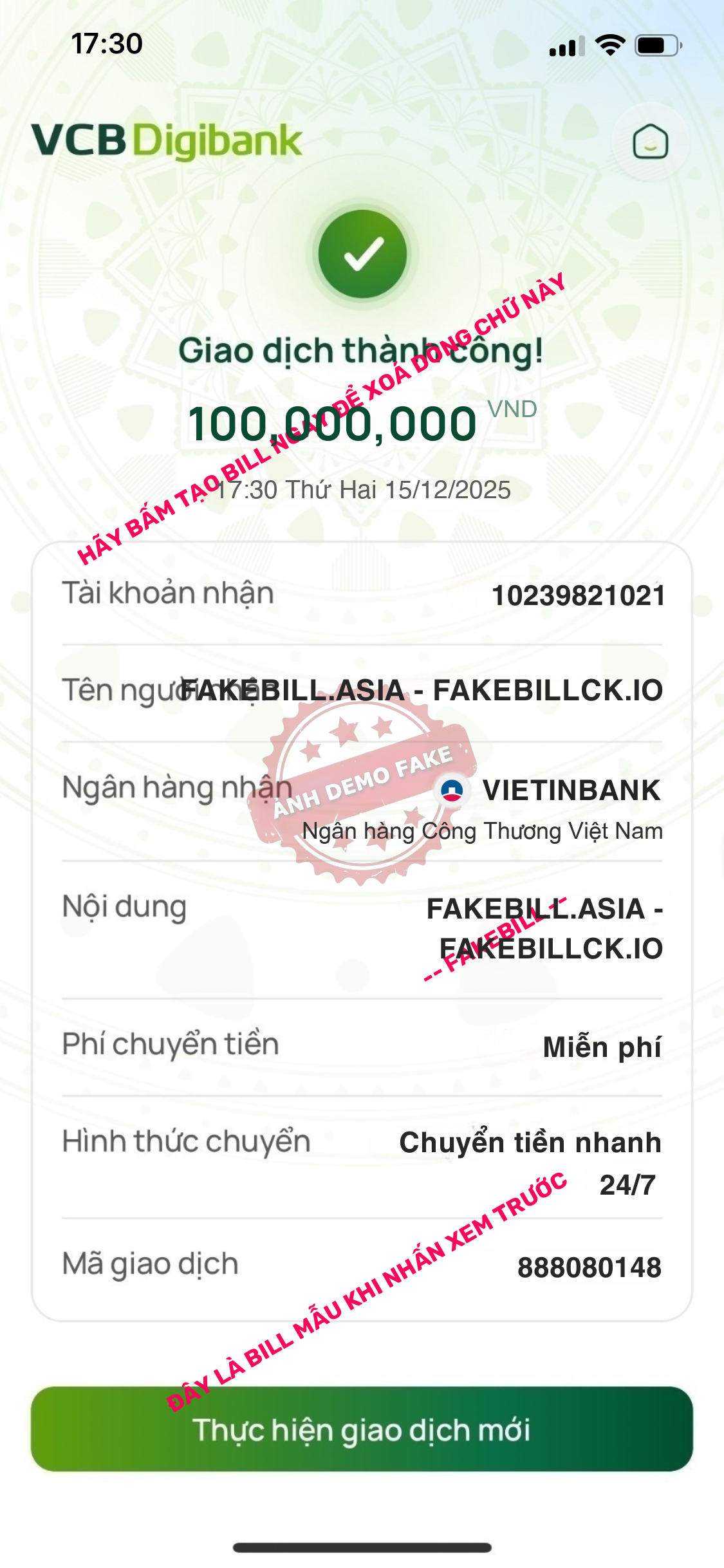 Fake bill Vietcombank giả