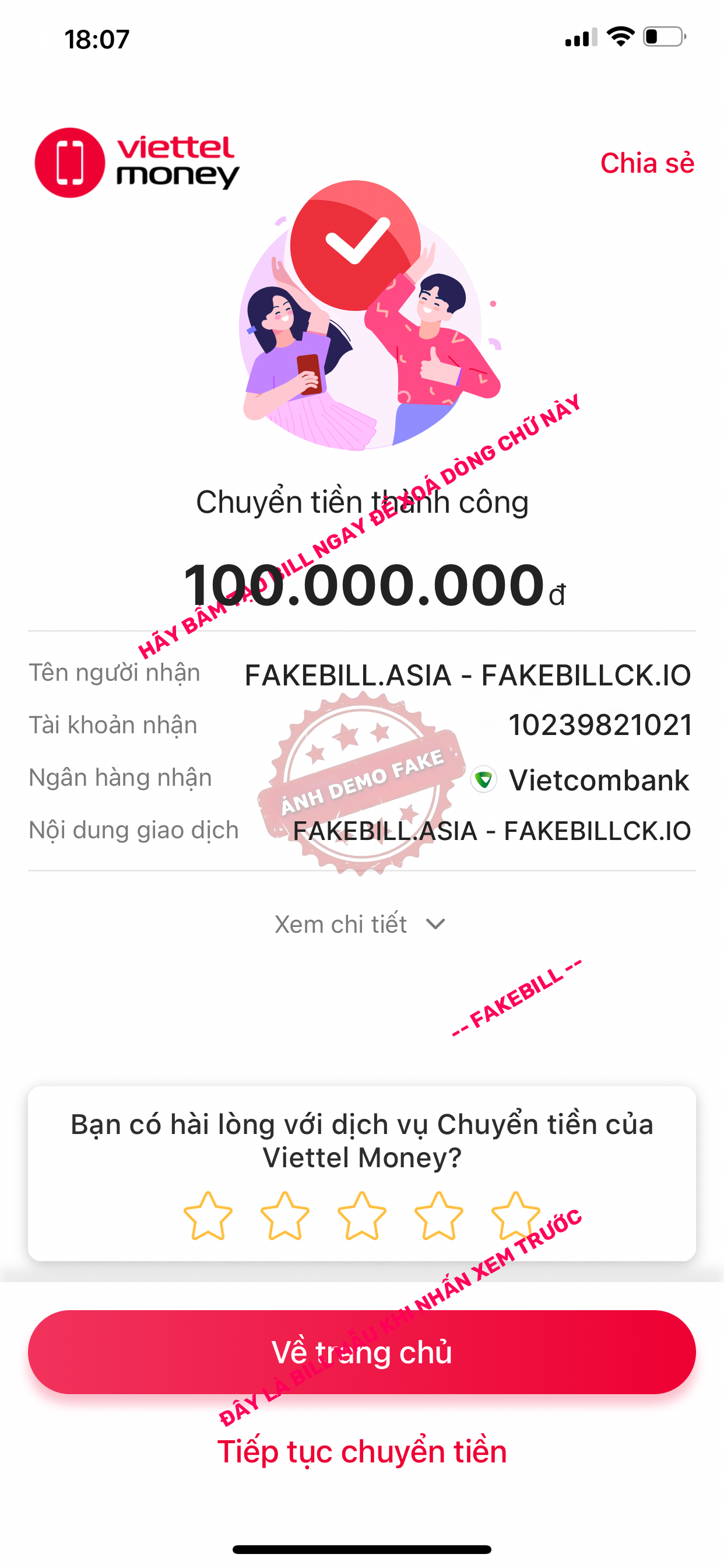 Fake bill Viettel Money giả